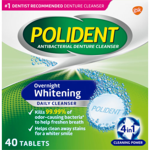 Polident Antibacterial Denture Cleanser, Overnight Whitening, 4 in 1 Cleaning Power, Tablets