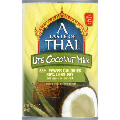 All natural. Gluten free. 58% fewer calories. 60% less fat than regular coconut milk. Trans fat free. MSG free. Preservative free. 58% fewer calories (lite 50 cal, regular 120 cal); 60% less fat (lite 4.5 g fat, regular 11 g fat) than regular coconut milk. Less than 2 g of carbs per serving. Produced in Thailand.