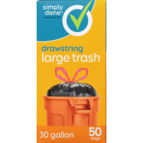 Simply Done Trash Bag, Drawstring, Large, 30 Gallon