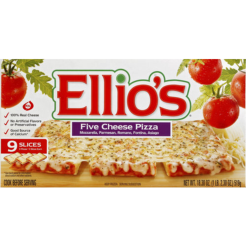 Real. 100% real cheese. No artificial flavors or preservatives. Good source of calcium (See back panel for information about sodium and other nutrients). 3 pizzas. 3 slices each. Mozzarella, parmesan, romano, fontina, asiago. Pure Ellio's: At Ellio's, we're all about one thing: making great pizza. That means pure, wholesome ingredients like 100% real cheese, the perfect blend of spices, and sauce made from vine-ripened tomatoes. Most of all, it means you can feel as good about serving it as your family does about eating it. That's pure pizza goodness. That's pure Ellio's. Visit us at www.ellios.com. Dear Customer: Your comments and suggestions will help us give you the best frozen pizza products possible. Please include this end flap from this Ellio's Five Cheese Pizza 9 slice carton with your letter to: Dr. Oetker USA, LLC. 10,000 Midlantic Drive Suite 107W Mt. Laurel, NJ 08054.