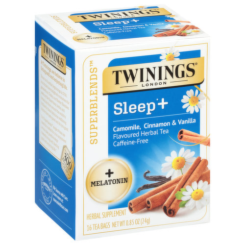 Twinings Superblends Sleep+ Melatonin Camomile, Cinnamon & Vanilla Herbal Supplement, 16 count, 0.85