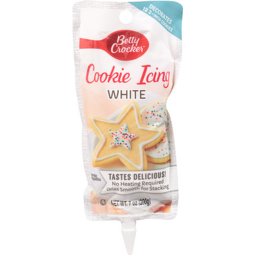 Taste delicious! No heating required. Dries smooth for stacking. Cooking icing. Make it easy to create beautifully decorated cookies in minutes!