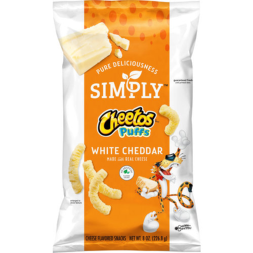 No artificial flavors, colors. Gluten free. Pure deliciousness Simply. At Simply, our snacks are made with ingredients you can feel good about, and come from the brands you love. We call this pure deliciousness. We make it easy to be cheesy. Deliciousness Guaranteed or this snack's on us. Questions or comments? 1-800-352-4477 Weekdays 9:00 AM to 4:30 PM CST email or chat at fritolay.com. Please provide product name, bag size, date, price and numbers found below price for each package. fritolay.com. SmartLabel: Scan for more food information 1-800-352-4477 call for more food information.