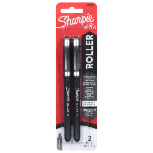 Sharpie Roller Pens, Black Ink, 0.5 mm, Needle Point