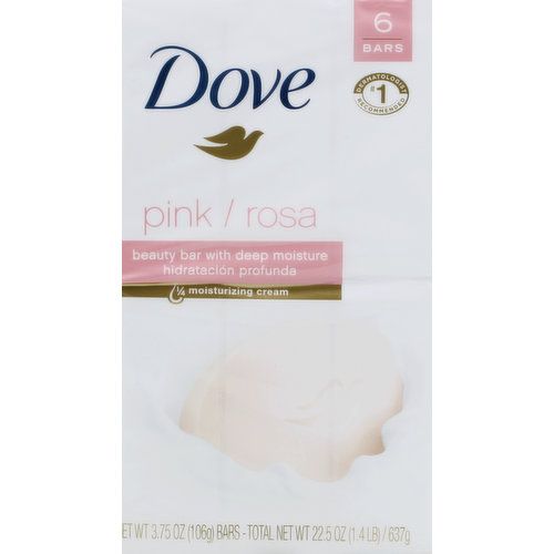 Beauty bar with deep moisture. 1/4 moisturizing cream. No. 1 dermatologist recommended. Dove is not a soap. It's a beauty bar. The secret to beautiful skin is everyday moisture and no other bar hydrates skin better than Dove. With 14 moisturizing cream, this beauty bar cares for your skin leaving it soft and smooth. It's a simple daily step to reveal beautiful, radiant skin. Dove does not dry your skin like ordinary soap. www.dove.com. 1-800-761-Dove. 1-800-761-3683