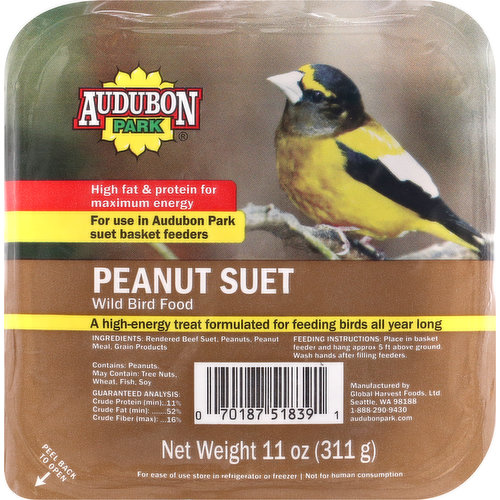 High fat & protein for maximum energy. For use in Audoborn Park suet basket feeders. A high-energy treat formulated for feeding birds all year long. audubonpark.com. Peel back to open.
