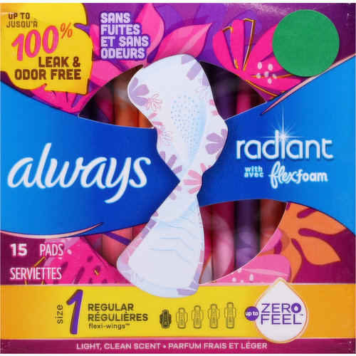 Always Radiant Feminine Pads for Women, Size 1 Regular, with Wings,  Scented, 15 count 