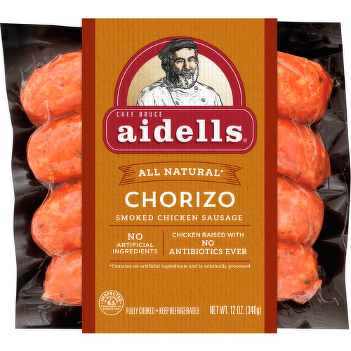Experience the flavors of old-world Spanish cooking with Aidells Chorizo Smoked Chicken Sausage. Made with tender coarsely ground chicken, paprika, garlic, and a splash of vinegar, this all-natural sausage is double smoked for rich flavor and a hearty texture. Simply slice and add to your favorite paella recipe for a home cooked, Spanish-inspired dinner. Our Chorizo sausage is gluten-free and has no added nitrites, except for those naturally occurring in celery powder. For over 30 years, Aidells chicken sausages have been handcrafted in small batches with care using only the freshest, most flavorful ingredients we can find. Our all-natural sausages are stuffed by hand in natural casings with no fillers or binders and slow-smoked for hours over real hardwood chips for that snap we love. Though Aidells has grown over the years, we still believe in doing things the way we always have: with extraordinary care and passion. Minimally processed, no artificial ingredients