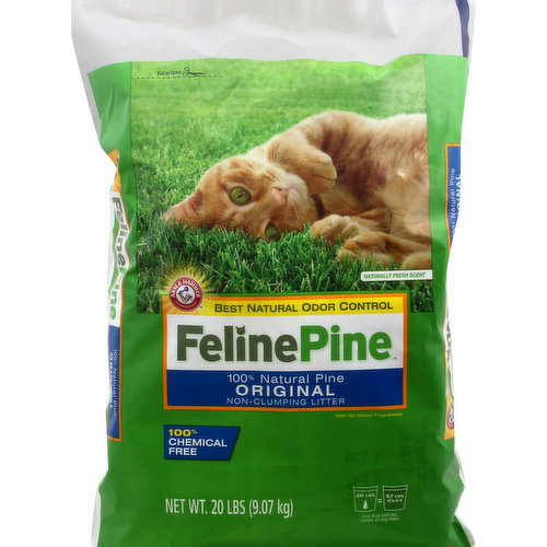 Best natural odor control. 100% natural pine. With no added fragrances. Naturally fresh scent. 100% chemical free. 20 lbs = 57 lbs clay. Less than half the weight of clay litter. Your Choice of Cat Litter Matters: Our cats aren't just pets, they're members of our family. And just like the people we love, we want the very best for our feline companions. That's why we developed 100% natural pine litter that eliminates odors naturally, without any harsh chemicals or messy clouds of dust. So, if you take steps each day to keep your home healthy and chemical-free, it's time to choose a litter that will make your job easier: Feline Pine. Highly Absorbent: Feline Pine purification process dehydrates pine fibers, allowing them to absorb liquid like thousands of tiny sponges! Your cat's litter box will stay fresh and dry, making clean-up easy. Low Dust: Feline Pine leaves no messy cloud of dust. It's the smart choice for the health of your cat and your home. Eliminates Tough Odors: Feline Pine naturally neutralizes strong odors on contact, leaving your home remarkably fresh! High absorbent pine litter binds directly to ammonia odors and locks them away for good. 100% Natural: Feline Pine uses the odor fighting powers of 100% natural pine instead of harsh chemicals or synthetic perfumes. It's the smart choice for health of your cat and home. Cat Litter Health Facts: Serving Size: 1 inch; 0 g chemicals (0%); 0 g additives (0%); 0 g artificial fragrance (0%), Natural (100%). Percentage daily values are based on a 100% satisfaction guarantee. Satisfaction Guarantee: If you're not completely satisfied, we'll refund your purchase price. www.felinepine.com. Questions or comments? Call us toll free at: 1-800-524-1328, Monday-Friday 9am-5pm ET or visit our website www.felinepine.com. Proudly made in the USA.