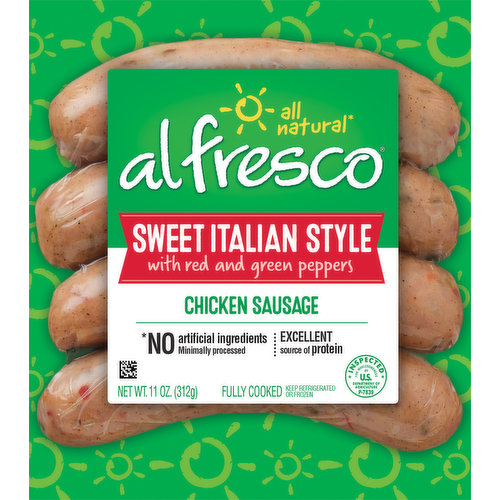 Sweet Italian style with red and green peppers. Gluten free. Excellent source of protein. All natural (No artificial ingredients. Minimally processed). Fully cooked. Inspected for wholesomeness by U.S. Department of Agriculture. alfrescochicken.com