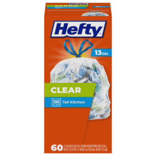 Hefty Tall Kitchen Bags, Drawstring, Clear, 13 Gallon