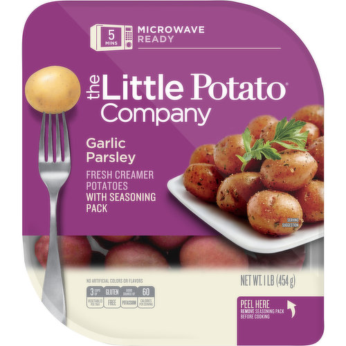 Fresh Potato creamer with seasoning pack. An exciting blend of leafed parsley, sweet garlic, and hand-picked herbs. 60 calories per serving. Gluten free. Vegan. Good source of potassium. This tray holds 3 cups of vegetables. Each serving is a good source of 3 essential nutrients - potassium, vitamin B6 and B5. 5 mins microwave ready. 3 cups of vegetables per tray. No artificial colors or flavors. Since 1996, we have harvested our proprietary Creamer potatoes only when they are mature - richest in flavor and texture, and at their nutritional best. And we further ensure all the food in this package is clean - no added artificial colors or flavors. As a mother, I promise there is nothing we serve you that I wouldn't serve my own family. Angela Santiago, co-founder and CEO. LittlePotatoes.com. Facebook. Instagram. YouTube. Twitter. Pinterest. BPA free. Product of USA.