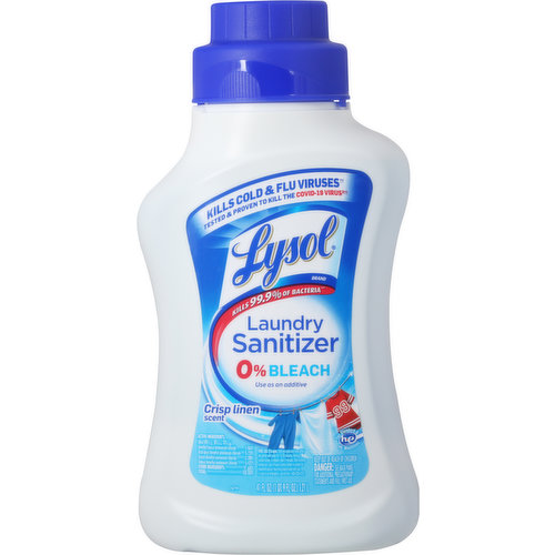 Kills cold & flu viruses (Kills Influenza a Virus (H3N2), Human Coronavirus, Respiratory Syncytial Virus (RSV) in pre-soak). Tested & proven to kill the covid-19 virus (Kills Influenza a Virus (H3N2), Human Coronavirus, Respiratory Syncytial Virus (RSV) in pre-soak) (Kills SARS-CoV-2 in 5 minutes in pre-soak). Use as an additive. For standard & HE (High Efficiency) machines. When you wash your clothes in cold water, bacteria can survive. Lysol Laundry Sanitizer is an additive that kills 99.9% of bacteria (Kills 99.9% of Staphylococcus aureus and Klebsiella pneumoniae on laundry at 21 degrees C). It contains 0% bleach so it's suitable to use with both whites and colors. Can be used on most fabrics: Baby clothes; Bedding; towels; Undergarments; Gym clothes; Delicates. Contains no phosphates. RB - Health. Hygiene. Home.
