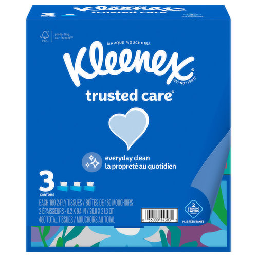 America’s favorite tissue, Kleenex Trusted Care is the best tissue for daily use and offers soft, strong and absorbent 2-ply care for faces and hands! Whether you’re looking for a box for your home or office, with Kleenex Trusted Care Facial Tissues, you get 3 flat boxes of 160 tissues, so you have plenty of single tissues for any occasion. Designed for everyday little messes and drips, our dye-free, soft and strong tissue is thick and absorbent and has 2 strong layers to help keep your hands clean when you need it. Plus, you can find tissue boxes that fit your home because each tissue box is available in various colors and designs. Got the sniffles? Also try Kleenex Soothing Lotion or Kleenex Ultra Soft facial tissues. 
