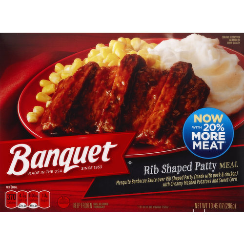 Mesquite barbecue sauce over rib shaped patty (made with pork & chicken) with creamy mashed potatoes and sweet corn. Now with 20% more meat (1.81 oz vs. our previous 1.50 oz). Since 1953. Per 1 Meal: 370 calories; 4.5 sat fat (23% DV); 1100 mg sodium (46% DV); 13 g sugars. US inspected and passed by department of agriculture. Mashed potatoes now made with real cream. Banquet invites you to pull up a chair and enjoy classic, made-in-America comfort food. Like you, we believe in quality and good, honest value and trust you'll taste it in our rib shaped patty smothered in mesquite BBQ sauce and served with creamy mashed potatoes and sweet corn. Food you love. Questions or comments, visit us at www.banquet.com or call Mon.-Fri., 9:00 AM-7:00 PM (CST), 1-800-257-5191 (except national holiday). Please have package available when you call so we may gather information off the label. Made in the USA. Proudly made in the USA.