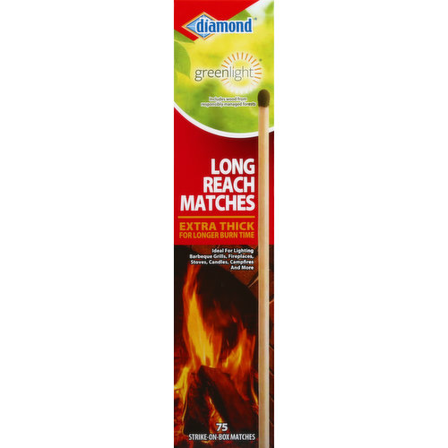 Includes wood from responsibly managed forests. Extra thick for longer burn time. Ideal for lighting barbeque grills, fireplaces, stoves, candles, campfires and more. Easy to light. Extra thick splint long burning. When you buy Diamond Greenlight Matches, you get the best of both worlds: a match that lights quickly and easily, plus a match that is made with respect for the environment: Our splints include wood from responsibly managed forests. Our packaging materials are made from 100% recycled paperboard. The match tip in this product contains perchlorate materials. Special handling may apply in California. See http://www.dtsc.ca.gov/hazardouswate/perchlorate. Made in China.