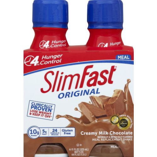 4 hr hunger control. Meal. Clinically proven (When used as part of the SlimFast plan. Individual results may vary.) Lose weight & keep it off. American Culinary Chefs Best. ChefsBest.com. Awarding Winning Taste: Chefs Best Award 2017 Excellence. 10 g protein; 5 g fiber (Contains 5 g total fat per serving); 24 vitamins & minerals; gluten free. Naturally & artificially flavored. Clinically proven to lose weight fast! (When used as part of the SlimFast plan. Individual results may vary). For over 40 years, millions of Americans have trusted SlimFast to lose weight fast and keep it off. Why? It Works! 50 clinical studies prove the SlimFast Plan helps you effectively lose weight. You can see results in just 1 week! (When used as part of the SlimFast plan. Individual results may vary). It's Flexible! It's easy to drink at home, work, or on-the-go. It's Delicious! With award-winning taste, there's something for everyone to enjoy. Getting started is simple - pick a date lose the weight. Clinically Proven: the SlimFast Plan: 1. One sensible meal enjoy your favorite foods. 2. Replace two meals a day with shakes or smoothies. 3. Indulge in three snacks satisfy hunger between meals. Visit SlimFast.com for quick and easy recipes! www.SlimFast.com. The Chefs Best Excellence Award is awarded to brands that surpass quality standards established by independent professional chefs. Sweetened with nutritive and non-nutritive sweetener.
