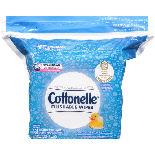 Breaks down like toilet paper (begins to break up as fast as Cottonelle Ultra Clean and has same break up after 30 minutes). Tested with plumbers. Alcohol-free. Only Cottonelle has wavy CleanRipple texture for a superior clean (Using dry + moist together vs. dry alone). Cottonelle FreshCare flushable wipes immediately start to break down after flushing and are sewer and septic safe. For best results, flush only one or two wipes at a time. FSC: Mix - Paper.