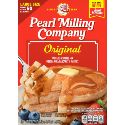 Makes about 50 pancakes. Since 1889. New name same great taste. Aunt Jemima. Start of new day. Back in 1889, our famous pancake recipe was first produced at a small mill in St. Joseph, Missouri -Pearl Milling Company. Since then, helping families start the day with a delicious breakfast option has been the mission of our pancakes. And while our name has changed, the light and fluffy pancakes and great tasting syrups you love remain the same. Here's to creating more memories and sharing more smiles for generations to come. With love.