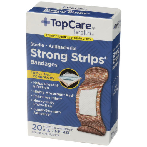 TopCare Strong Strips, Sterile Antibacterial First Aid Antiseptic All One Size Bandages