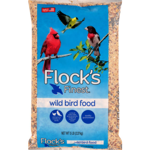 Attracts a variety of birds. A mix of white millet, grain products, & black oil sunflower seeds. A mix of white millet grain products & black oil sunflower seeds. Flock's Finest Products: Wild Bird Food: Favorite: dove; jay; towhee. Flock's Finest Wild Bird Food enables you to discover the pleasure of attracting beautiful songbirds to your yard. To increase the variety of birds visiting your feeders, use the Flock's Finest products chart to understand which mixes are best to attract your favorite feathered friends. With every flap, chirp and whistle comes a happy, loving bird. Our mission at Flock's Finest is to help maintain your birds' health and well-being by offering affordable, quality foods and treats. Whether they live indoors or out, you can feel confident you're giving your feathered friend everything they need to live a healthy life. Quality guarantee. 100% satisfaction or your money back. www.pawshappylife.com. Made in the USA.