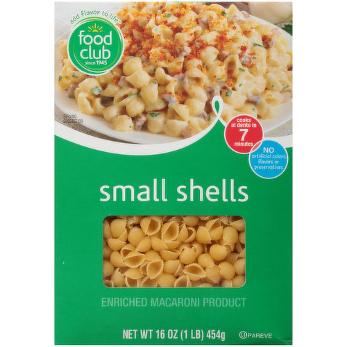 SHELLS WITH PARMESAN CREAM AND MUSHROOMS - INGREDIENTS: 8 OZ SMALL SHELLS FC, 1 CUP CHICKEN BROTH FC, 4 TBSP BUTTER, DIVIDED FC, 1 CUP HALF & HALF FC, 8 OZ CRIMINI (BABY BELLA) MUSHROOMS, DICED, 2/3 CUP FRESHLY SHREDDED PARMESAN CHEESE FC, 3 CLOVES GARLIC, MINCED, 2 TBSP CHOPPED FRESH PARSLEY, 3 TBSP FLOUR FC, 1/3 CUP PANKO BREADCRUMBS FC, 1/4 TSP SALT FC, 1/4 TSP PAPRIKA FC. COOKING DIRECTIONS: COOK PASTA ACCORDING TO PACKAGE DIRECTIONS, DRAIN, DO NOT RINSE. MEANWHILE, MELT 2 TBSP BUTTER IN A LARGE SAUCEPAN. ADD MUSHROOMS AND COOK OVER MEDIUM HEAT UNTIL SOFT, ABOUT 5 MINUTES. ADD GARLIC AND COOK 2 MINUTES LONGER. STIR IN FLOUR AND SALT; GRADUALLY STIR IN BROTH THEN HALF & HALF. BRING TO A BOIL; REDUCE HEAT AND COOK, STIRRING, UNTIL THICKENED, ABOUT 3 MINUTES. ADD CHEESE AND PARSLEY; STIR UNTIL CHEESE IS MELTED. STIR IN HOT, DRAINED PASTA. MELT REMAINING BUTTER IN A SMALL SKILLET, STIR IN BREADCRUMBS AND PAPRIKA. COOK JUST UNTIL CRUMBS ARE LIGHTLY TOASTED, ABOUT 1 MINUTE; SPRINKLE CRUMBS OVER PASTA. MAKES 4 SERVINGS, FC = FOOD CLUB BRANDS27079 88309-B P-310091-A#01COOKING DIRECTIONS: BRING WATER (SALT IS OPTIONAL) TO A RAPID BOIL USING APPROXIMATELY 1 QUART OF WATER FOR EACH 4 OUNCES OF DRY SMALL SHELLS. ADD SMALL SHELLS. RETURN WATER TO A RAPID BOIL. COOK, UNCOVERED APPROXIMATELY 7 TO 8 MINUTES, STIRRING FREQUENTLY. DRAIN FOR SALADS AND BAKED DISHES, RINSE IN COLD WATER. FOR POUR-OVER SAUCE, RINSE IN HOT WATER. COOKING INSTRUCTIONS ARE A GUIDELINE AND MAY BE ALTERED SLIGHTLY.INSERT TAB HERECOPYRIGHT TOPCO BVFA0718LIFT TAB TO OPENSHELL OUT DELIGHT! FASCINATING IN FORM & FUNCTION, FOOD CLUB SMALL SHELLS ARE DESIGNED TO HOLD SAUCES FOR EXCEPTIONAL ENJOYMENT. TRY THEM IN OUR SHELLS WITH PARMESAN CREAM AND MUSHROOMS RECIPE!BEST IF USED BY:QUALITY GUARANTEED - 100% SATISFACTION OR DOUBLE YOUR MONEY BACK.SCAN HERE FOR MORE FOOD INFORMATION