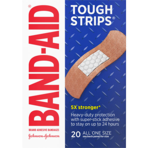 Band-Aid Brand Tough Strips Extra Durable Adhesive Bandages provide heavy-duty, durable first aid & wound care protection that stays with you all day. These sterile, extra durable Band-Aid Brand bandages are made with Dura-Weave heavy-duty fabric & Super Stick adhesive to stay on up to 24 hours. Made with Quilt-Aid comfort pads, these durable bandages cushion & protect painful wounds to help prevent re-injury. Band-Aid Brand Tough Strips Extra Durable Adhesive Bandages have a hurt free, non-stick pad that won't stick to the wound for pain-free removal. The 4-sided seal of these durable fabric bandages protects minor cuts, scrapes & burns from dirt & germs that may cause infection & delay healing. Please note that while Band-Aid Brand Tough Strips are ideal for use as first aid supplies, they are not recommended for sensitive or delicate skin. This package contains 20 heavy-duty sterile bandages, each measuring 1.75 by 4 inches & comes from the number 1 doctor recommended brand.