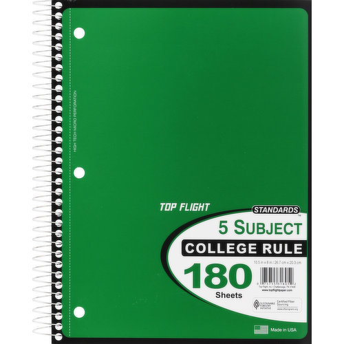 Top Flight Notebook, 5 Subject, College Rule, 180 Sheets