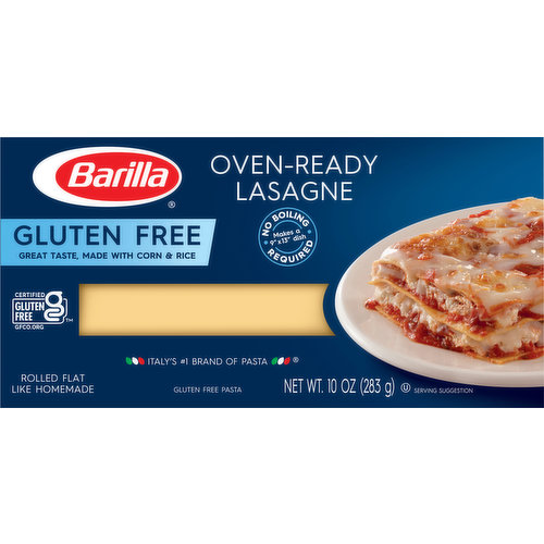 Oven-ready. No boiling required. Makes a 9 inch x 13 inch dish. Rolled flat like homemade. Italy's no. 1 brand of pasta. Gluten free pasta. Great taste goes gluten free. Real pasta taste and texture. Cut out and keep.