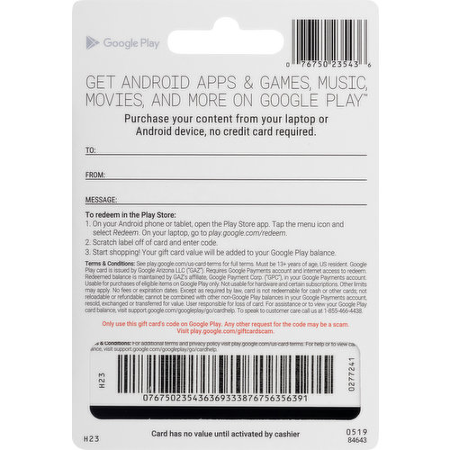 Google Play Gift Card, $25