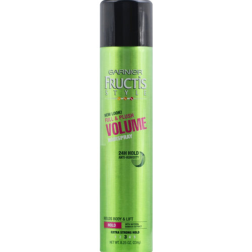 24h hold. Anti-humidity. Holds body & lift. Hold: with natural bamboo extract. New look! Want voluminous lift and hold without crunchy stiffness? Full & Plush Volume is a versatile hairspray that provides the body and fullness you need, and the natural healthy-looking movement you want. With 24-hour hold and anti-humidity protection, your style stays touchable all day long, even in extreme humidity. How does it work? Our strong, yet flexible formula, infused with bamboo extract, keeps you in control of your style for 24 hours. This formula works by lifting flat, tired hair from root to tip. Stay in control of your style with extra volume and softness, plus bounce-back hold that lasts all day. Our light, sparkling fruity fragrance will leave your hair smelling fresh and vibrant. Meets all state and federal clean air standards. www.garnierUSA.com. 1-800-4Garnier (1-800-442-7643). Made in Canada.