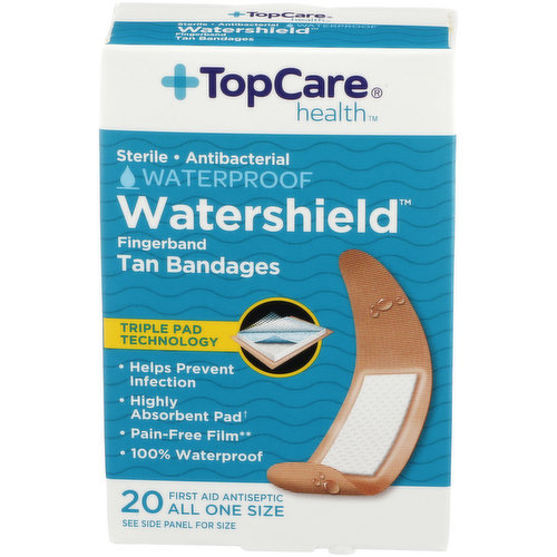 TopCare Watershield, Sterile Antibacterial Waterproof First Aid Antiseptic All One Size Fingerband Bandages, Tan