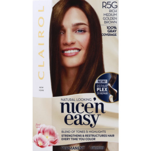 This Pack Contains: 1. Color creme. 2. Color activator. 3. CC+ colorseal conditioner. 100% gray coverage. New! repair plex 2 repair. Natural looking nice'n easy. Blend of tones & highlights strengthens & restructures hair every time you color. Floral scent. Same great shade! Color that cares every time your color! Our breakthrough permanent color creme, conditions at every step and now with repairplex for stronger hair and up to 97% less hair breakage (Vs. colored hair without repairplex technology)! Real, natural looking color. Natural looking color with blend of tones & highlights. Long lasting color that covers 100% of grays. Repairplex 2x repair. Conditions at every step. Allergy gentle (Featuring ME+) molecule. A revolutionary hair dye molecule that better protects people without hair dye allergy by reducing the change of developing one. Fresh floral scent. Non-drip permanent color creme. On gray hair, color appears lighter than non-gray for a highlighted effect. Stronger hair up to 97% less hair breakage (Vs. colored hair without repairplex technology). New nice' n easy with repairplex 2x repair: Actively restructures hair fibers deep inside and protects against breakage.  www.Clairol.com Find your shade by chatting Clairol on Facebook Messenger. Questions? Call the expert color consultants at 1-800-clairol (1-800-252-4765), visit www.Clairol.com or search for Clairol on Facebook Messenger to Chat with us! Made in Mexico.