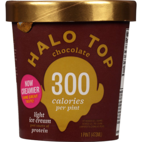 Now creamier same great taste! Delicious light ice cream. Here at Halo Top, we believe frozen treats should feel good and taste good. That's why we set out to make a light ice cream that actually tastes like ice cream. Our Chocolate light ice cream is full of wonderfully scrumptious chocolate taste at only 300 calories per pint, and 100% flavor.