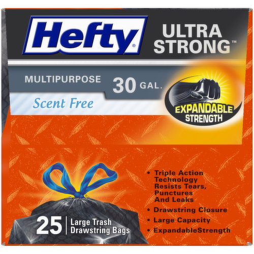 Hefty Trash Bags, Drawstring, Multipurpose, Scent Free, Ultra Strong, Large,  30 Gallon - King Kullen