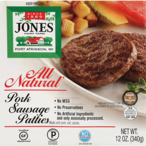 Jones Dairy Farm Sausage Patties, Pork, All Natural, Golden Brown