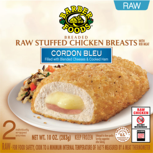 Barber Foods Chicken Breasts, Cordon Bleu, Raw Stuffed, Breaded