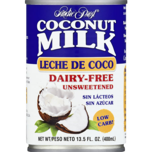Dairy free. Low carb! Free alternative. Baking, sauces, desserts, smoothies and more! Open can this end. The dairy-free alternative. www.coconutmilkideas.com. Recipes at www.coconutmilkideas.com. Live Chat: coconutmilkideas.com. 800.243.0897 (M-F). Made in Thailand for Andre Prost, Inc. Product of Thailand.