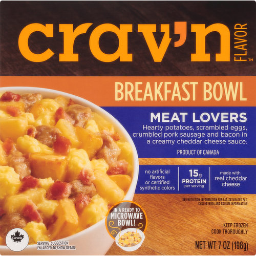 Hearty potatoes, scrambled eggs, crumbled pork sausage and bacon in a creamy cheddar cheese sauce. No artificial flavors or certified synthetic colors. 15 g protein per serving. See nutrition information for fat, saturated fat, cholesterol and sodium information. Made with real cheddar cheese. In a ready to microwave bowl! Get some crav'n flavor! Greet the morning with hearty potatoes, scrambled eggs, crumbled pork sausage and bacon in a creamy cheddar cheese sauce. So enticing and easy to prepare, you'll be bowled over! It's serious satisfaction. Quality Guaranteed: If for any reason you are not satisfied, we'll give you a full refund. www.CravnFlavor.com. Scan for more food information or call 1-888-423-0139. Please recycle. Product of Canada.