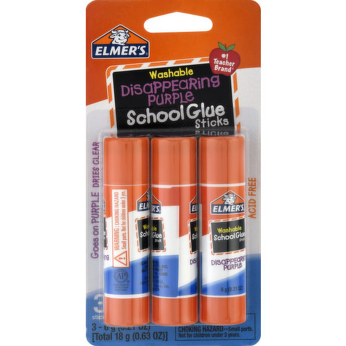 Elmers School Glue Stick, Disappearing Purple, Washable