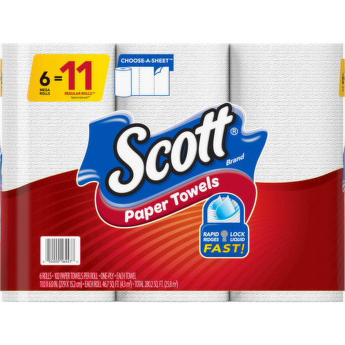 Scott brand disposable paper towels clean messes fast with Rapid Ridges to get the job done. This paper towels 6 pack contains 6 Mega rolls, with 102 sheets per roll. When you buy Scott Towels, you get more sheets per dollar vs. the leading brand 55 ct. roll 5.9” sheet size. Use a paper towel to clean up tabletops, food spills, and messy hands for adults and children. Conveniently disposable so you can toss the mess without having to launder. Minimal lint makes Scott towels great for cleaning glass and mirrors. Scott paper towels are sustainably sourced from responsibly managed forests. Quality you can rely on for the value you expect from the Scott brand. Spare the hassle of the store and have them conveniently delivered to you. Buy in bulk and save!