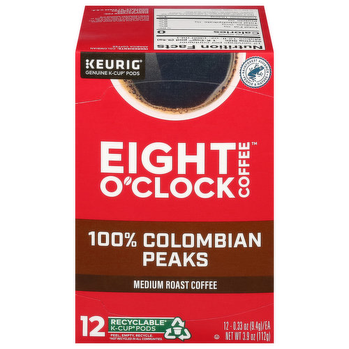 Eight O'Clock Coffee Coffee, Medium Roast, 100% Colombian Peaks, K-Cup Pods