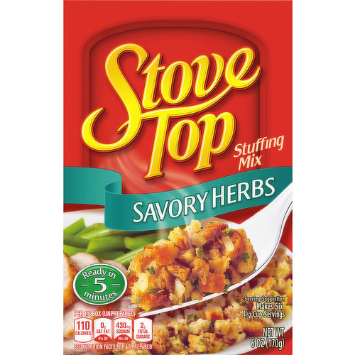 Make any family dinner something to celebrate with Kraft Stove Top Savory Herbs Stuffing Mix. A blend of fresh baked bread crumbs packed with real herbs and spices is the perfect pairing for your main course and brings a soft, fluffy texture in every forkful. Each box comes packed with a dry, pre-seasoned stuffing mix. Simply add water and butter or margarine for a savory herb stuffing that tastes like it was made from scratch! Can easily be made in the microwave as well. Delicious served as is alongside your holiday dinner or in recipes such as spinach-stuffed mushrooms. Each 6 ounce box of this easy stuffing makes six servings and can be enjoyed stuffed in your Thanksgiving turkey or as an addition to any meal year round.