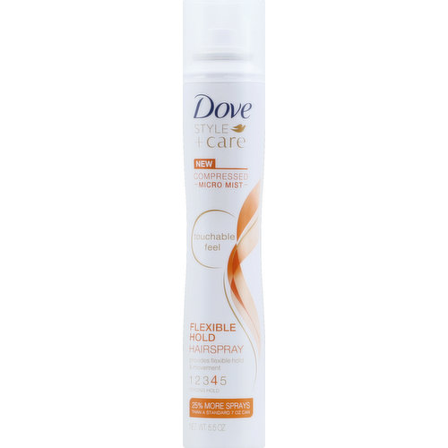 Provides flexible hold & movement. New Compressed micro mist. Touchable feel. 4: Strong hold. 25% more sprays than a standard 7 oz can. Use your Dove Style + Care compressed hairspray and enjoy 25% more sprays than before when used as directed. At Dove we know better style comes through better care. Dove Style + Care with Nutri-Style Complex provides long-lasting style by nourishing and protecting hair to help prevent hair issues such as frizz, static and fly-aways that get in the way of a great style. This superfine fast-drying non sticky formula lets you enjoy touchable style with natural movement. Brushes out easily. Questions or comments? Call 1-800-761-Dove (3683) or visit us at www.dove.com.
