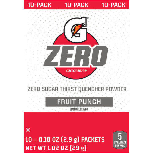 Zero Sugar: Gatorade Zero has 0 g sugar with the same electrolytes as Gatorade Thirst Quencher. Electrolytes: Hydration with 230 mg sodium and 70 mg potassium to help replace what you sweat out. Rehydrate. Replenish. Electrolytes to help replenish what you lose in sweat.