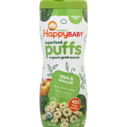 Superfood puffs organic grain snack. Gluten free. USDA Organic. Certified Organic by CCOF. Always certified USDA Organic. 25 mg choline to support brain & eye health. Our enlightened nutrition philosophy. 25 mg choline per serving to support brain & eye health. Antioxidant VItamin C & E 10% per serving. Vitamin B12 20% DV per serving. Made without cane syrup. Organic is always Non-GMO. 40% more puffs! (Happy Baby Puffs 2.1 oz (60g) contain 40% more puffs than Gerber Organic Pubbs 1.48 oz (42 g)). We are a team of real parents. Pediatricians  & nutritionists on a mission to bring health and happiness to our little ones and the planet. We create nutritious meals and snacks that make eating enlightened, effortless, and delicious. From our Happy Family to yours! You child may be ready for organic superfood puffs when she or he: Eats thicker solids with larger pieces. Crawls without tummy touching the ground. Uses jaws to mash food between gums. Picks up food to eat with thumb and forefinger. This product should only be fed to seated, supervise children who are accustomed to chewing solid foods. Our happy promise. No toxic persistent pesticides. how2recycle.info. Come meet our dedicated team and learn more about our carefully crafted products at happyfaimlyorganics.com. Certified B Corporation. Packaging made without BPA, BPS, or phthalates.
