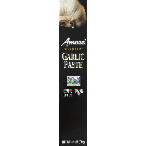 Vegan. Non GMO Project verified. nongmoproject.org.  Big & bold flavor. Amore Imported Italian Garlic Paste uses only the freshest ingredients harvested at their peak. Our Italian chefs capture and seal the intense flavor into each tube. For an incredible burst of Authentic Italian Flavor, add any of our varieties to your next recipe. Tomato; tomato basil; tomato garlic; spicy tomato; sun-dried tomato; chili pepper; pesto; herb; anchovy. A little love goes a Iong way. Recipe inside box.  panosbrands.com. For authentic Italian recipes, simply snap the code or visit amorebrand.com. Made in Italy. Product of Italy.