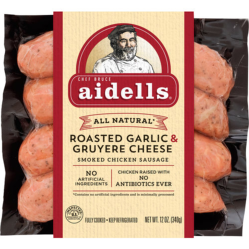 Start your grill and get cooking with Aidells Roasted Garlic & Gruyere Cheese Smoked Chicken Sausage. Made with whole roasted garlic cloves and hardwood smoked chicken, this all-natural sausage is filled with melt-in-your-mouth goodness from Gruyere and Swiss cheese. Simply toss with linguini, parmesan cheese, and arugula for a delicious weeknight dinner. Our Roasted Garlic sausage is gluten-free and has no added nitrites, except for those naturally occurring in celery powder. For over 30 years, Aidells chicken sausages have been handcrafted in small batches with care using only the freshest, most flavorful ingredients we can find. Our all-natural sausages are stuffed by hand in natural casings with no fillers or binders and slow-smoked for hours over real hardwood chips for that snap we love. Though Aidells has grown over the years, we still believe in doing things the way we always have: with extraordinary care and passion. Minimally processed, no artificial ingredients