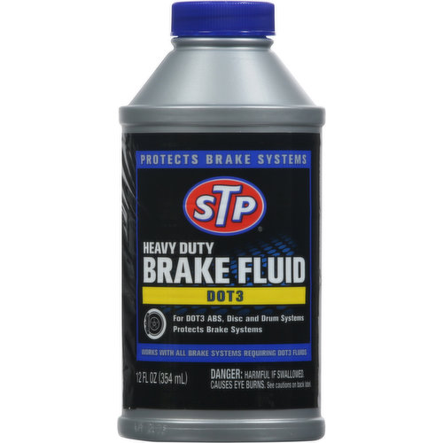 Protects brake systems. For DOT3 ABS, disc and drum systems. Works with all brake systems requiring DOT3 fluids. STP Heavy Duty Brake Fluid DOT3 is scientifically engineered for optimum performance, for all ABS, disc or drum brake systems in today's cars and trucks to help: Provide protection against brake failure from vapor lock. Prevent corrosion in brake systems. Minimum wet boiling point 284 degrees F (140 degrees C). Works with all brake systems requiring DOT3 fluids. This is a DOT3 motor vehicle brake fluid.