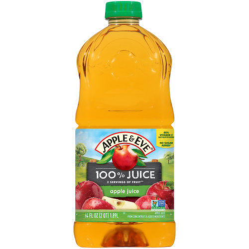 Apple juice from concentrate & added ingredients. 80% vitamin C daily value per serving. Gluten free. No sugar added (Not a low calorie food. See nutrition facts panel for sugar and calorie content). 2 servings of fruit (One 8 oz serving of 100% juice contains 2 servings of fruit according to the USDA Dietary Guidelines). Non GMO Project verified. nongmoproject.org We get it, few opinions are universally shared. From what's for dinner, to how to load the dishwasher and even what to watch. a lively give and take, makes the house go round. But hey, something everyone can agree on: Their love for the 100% fruit juice (With added ingredients) that Apple & Eve has been making for over 40 years. 0% added sugar - 100% of the time So you bring the love - we'll bring the juice! Contains concentrate from: See top of bottle. Pasteurized. Our Promise: Respecting nature, keeping it simple and bringing goodness to the table since 1975. We'd love to hear from you. We guarantee your complete satisfaction with this product, and welcome your comments and suggestions. www.appleandeve.com. Visit us at www.appleandeve.com or call us weekdays 9am-4pm EST 1.800.969.8018. Our PromiseRespecting nature, keeping it simple and bringing goodness to the table since 1975.; We get it, few opinions are universally shared. From what's for dinner, to how to load the dishwasher and even what to watch... a 'lively' give and take, makes the house go 'round. But hey, something everyone can agree on: their love for the 100% fruit juice* that Apple & Eve has been making for over 40 years. So you bring the love...we'll bring the juice!